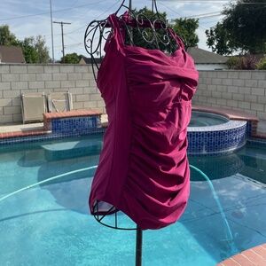 Purple bathing suit with adjustable neck tie